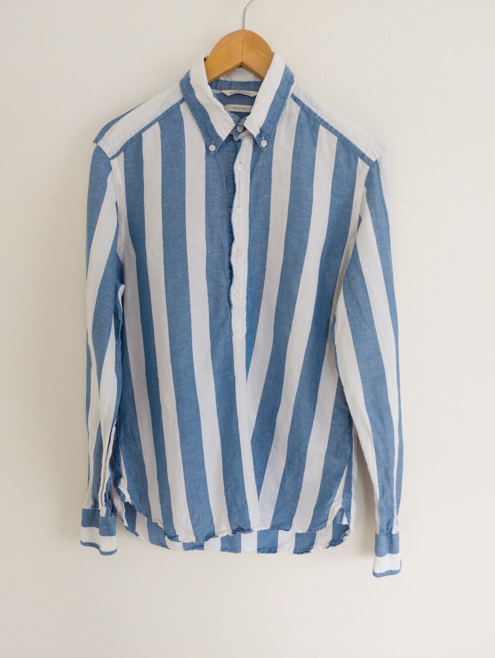 Suitsupply Linen Cotton Blue White Striped Popover Shirt Size 39/40 15.5 Slim
